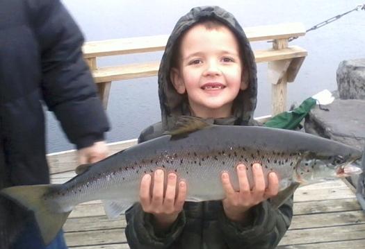 Corbin Groves caught this amazing seven pound Landlocked Salmon from Seneca Lake at the end of the pier