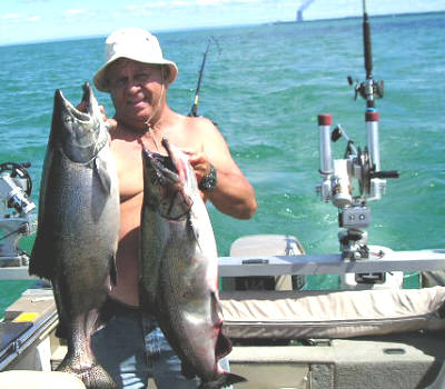 Harold Webster from Johnson City NY is displaying a couple of nice kings caught while fishing out of Oswego NY from his own boat.